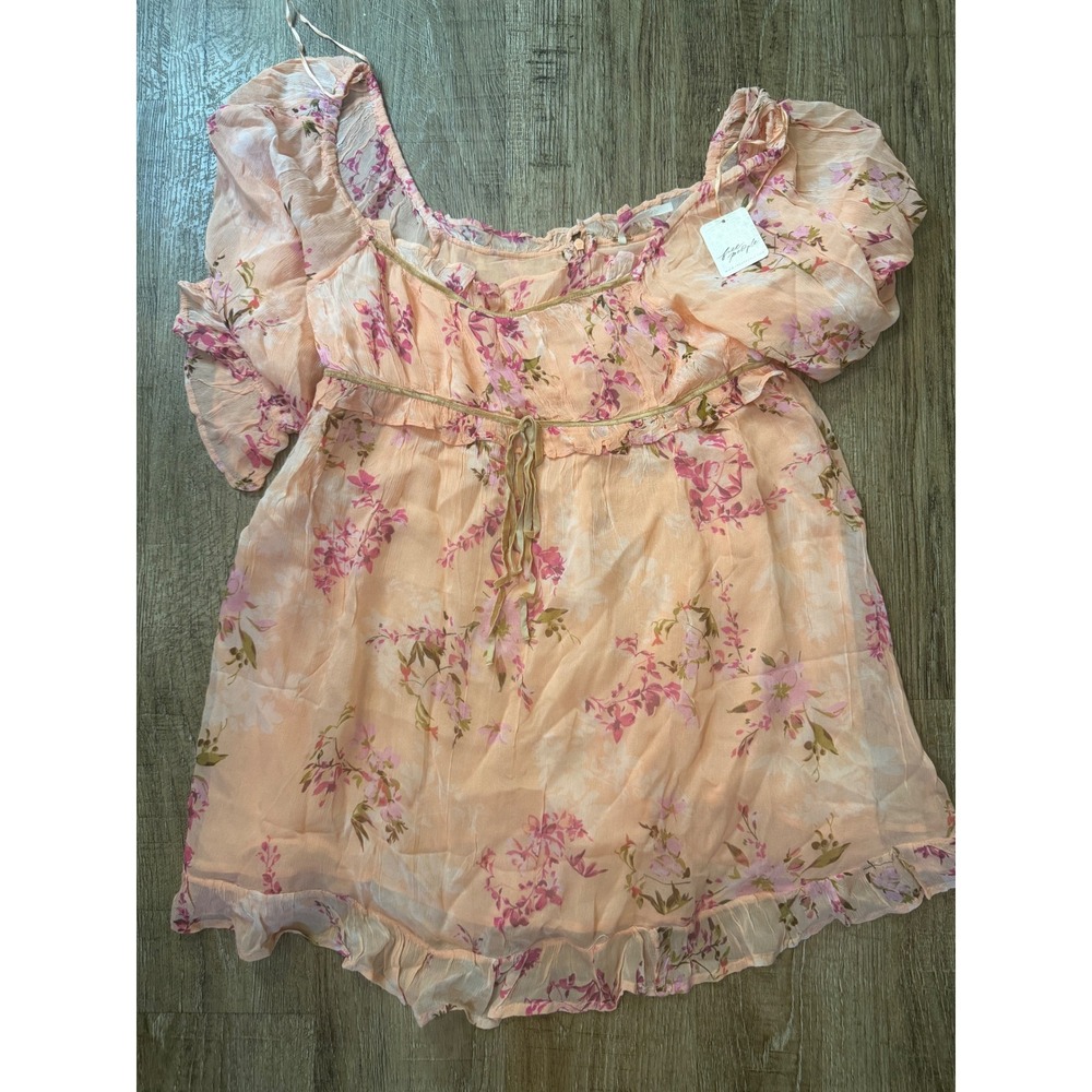 Free People Floral Peasant Puff Sleeve Mini Dress Peach Combo NWT Size M - Picture 2 of 10